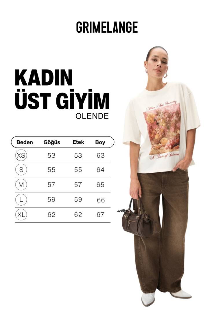 OLENDE Kadın Relaxed Fit Baskılı Yuvarlak Yakalı Ekru T-Shirt