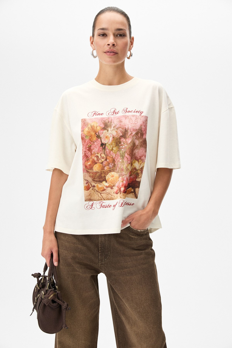 OLENDE Kadın Relaxed Fit Baskılı Yuvarlak Yakalı Ekru T-Shirt
