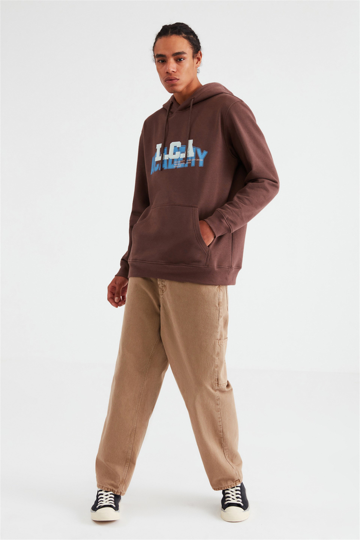 ONFLEEK Erkek Koyu Kahverengi Baskılı ve Aplikeli Kapüşonlu Oversize Sweatshirt