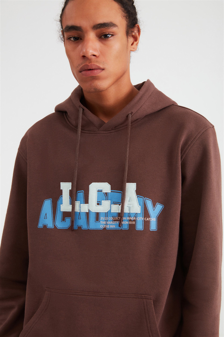 ONFLEEK Erkek Koyu Kahverengi Baskılı ve Aplikeli Kapüşonlu Oversize Sweatshirt