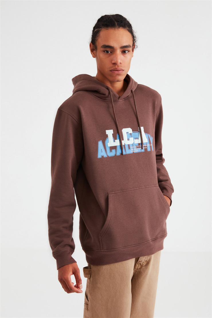 ONFLEEK Erkek Koyu Kahverengi Baskılı ve Aplikeli Kapüşonlu Oversize Sweatshirt