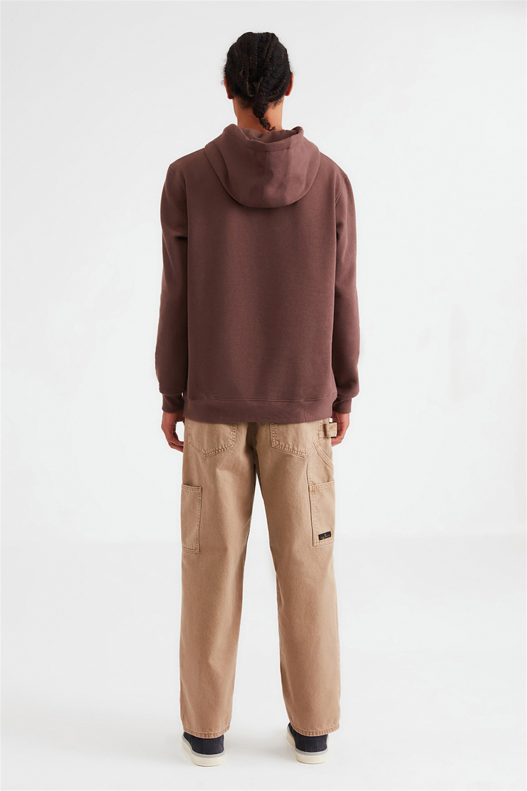 ONFLEEK Erkek Koyu Kahverengi Baskılı ve Aplikeli Kapüşonlu Oversize Sweatshirt