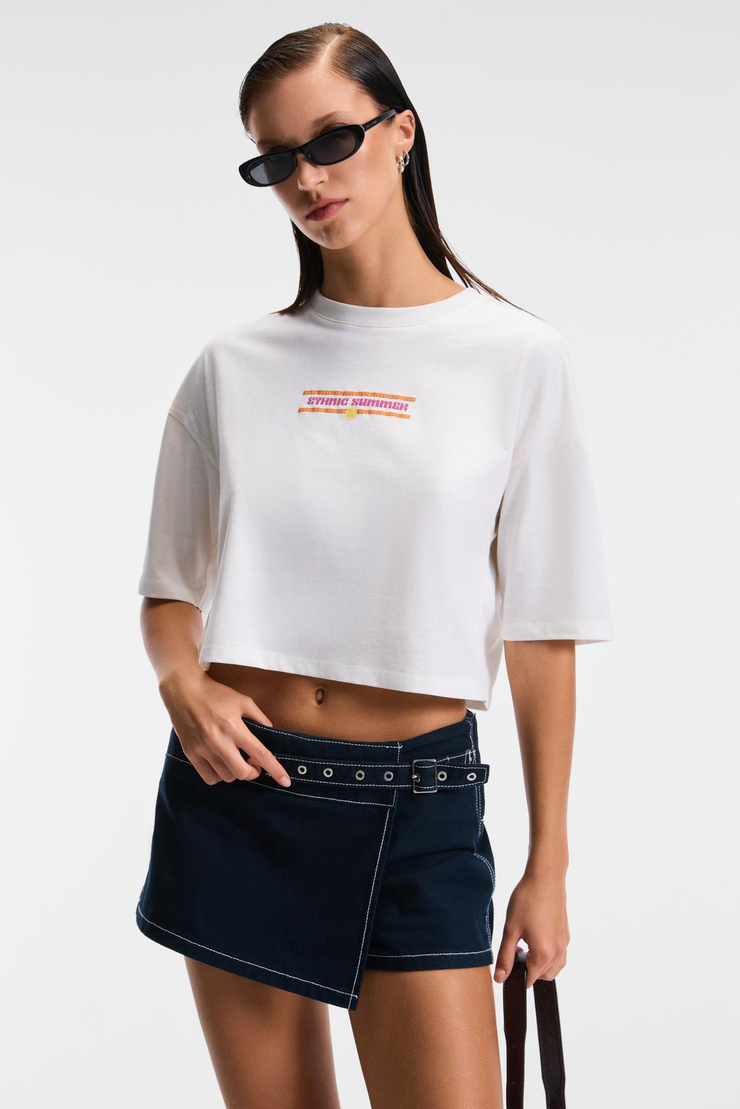 ORELZA Kadın %100 Pamuk Baskılı Yuvarlak Yaka Oversize Fit Ekru T-Shirt