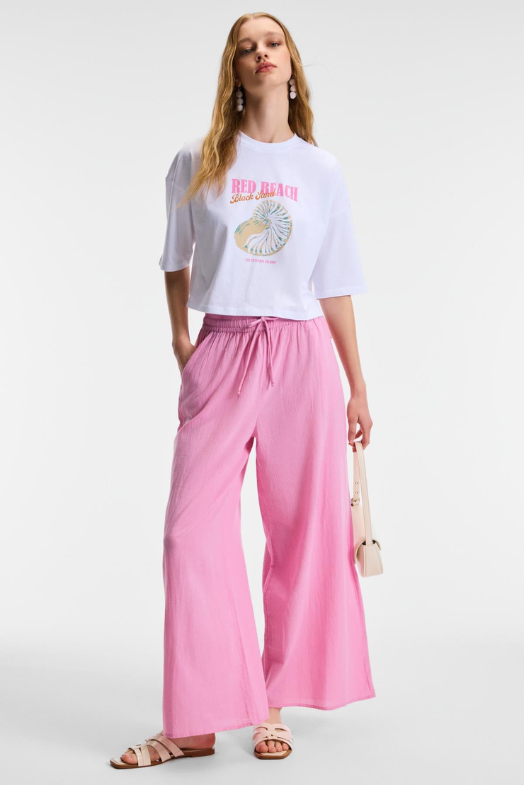 ORELZA Kadın %100 Pamuk Baskılı Yuvarlak Yaka Oversize Fit Beyaz T-Shirt