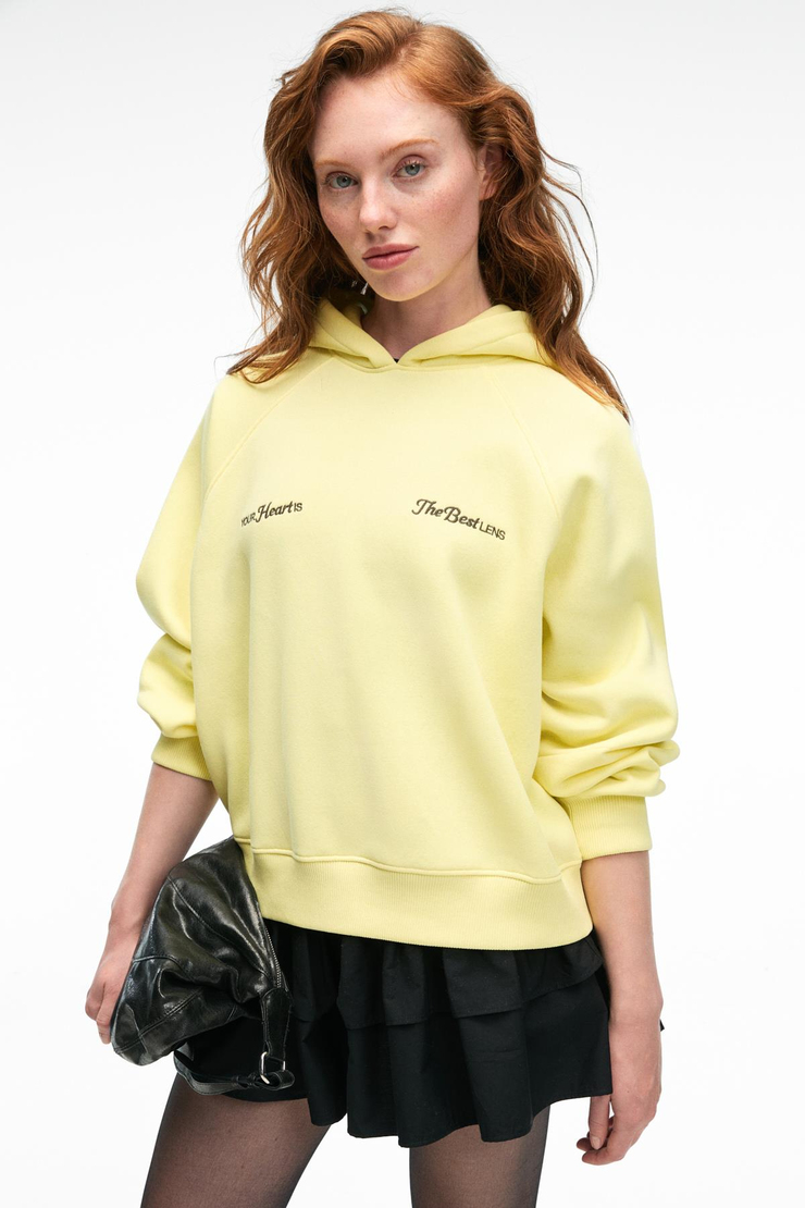 ORINQUE Kadın Kapüşonlu Baskı ve Nakış Detaylı Oversize Sarı Sweatshirt