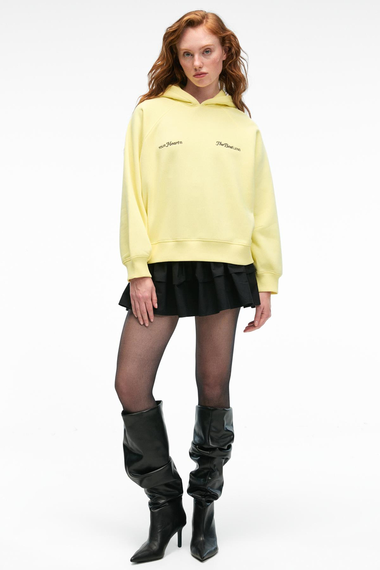 ORINQUE Kadın Kapüşonlu Baskı ve Nakış Detaylı Oversize Sarı Sweatshirt