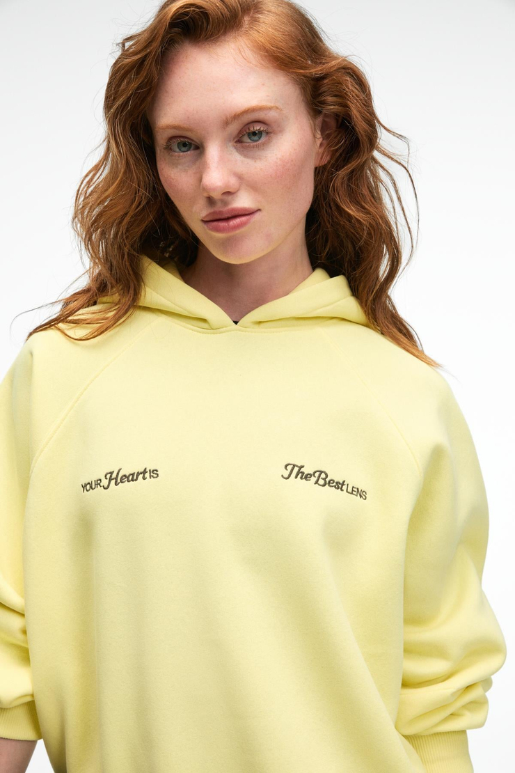 ORINQUE Kadın Kapüşonlu Baskı ve Nakış Detaylı Oversize Sarı Sweatshirt