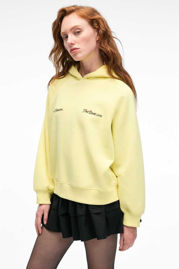 ORINQUE Kadın Kapüşonlu Baskı ve Nakış Detaylı Oversize Sarı Sweatshirt