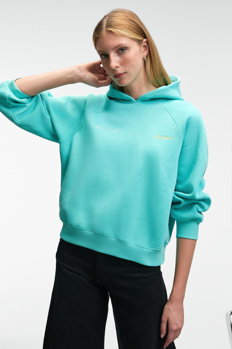 ORINQUE Kadın Kapüşonlu Baskı ve Nakış Detaylı Oversize Turkuaz Sweatshirt