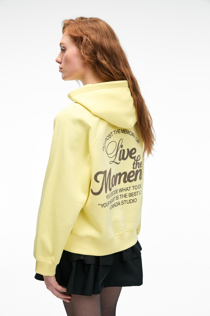 ORINQUE Kadın Kapüşonlu Baskı ve Nakış Detaylı Oversize Sarı Sweatshirt