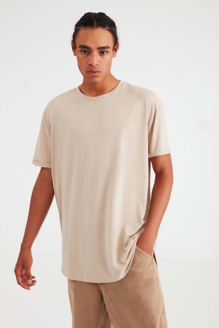 OSCAR Erkek %100 Organik Pamuklu Comfort Fit Uzun Dökümlü Kumaş Bej T-Shirt