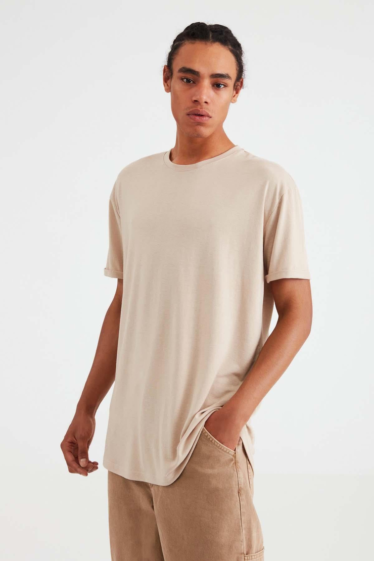 OSCAR Erkek %100 Organik Pamuklu Comfort Fit Uzun Dökümlü Kumaş Bej T-Shirt