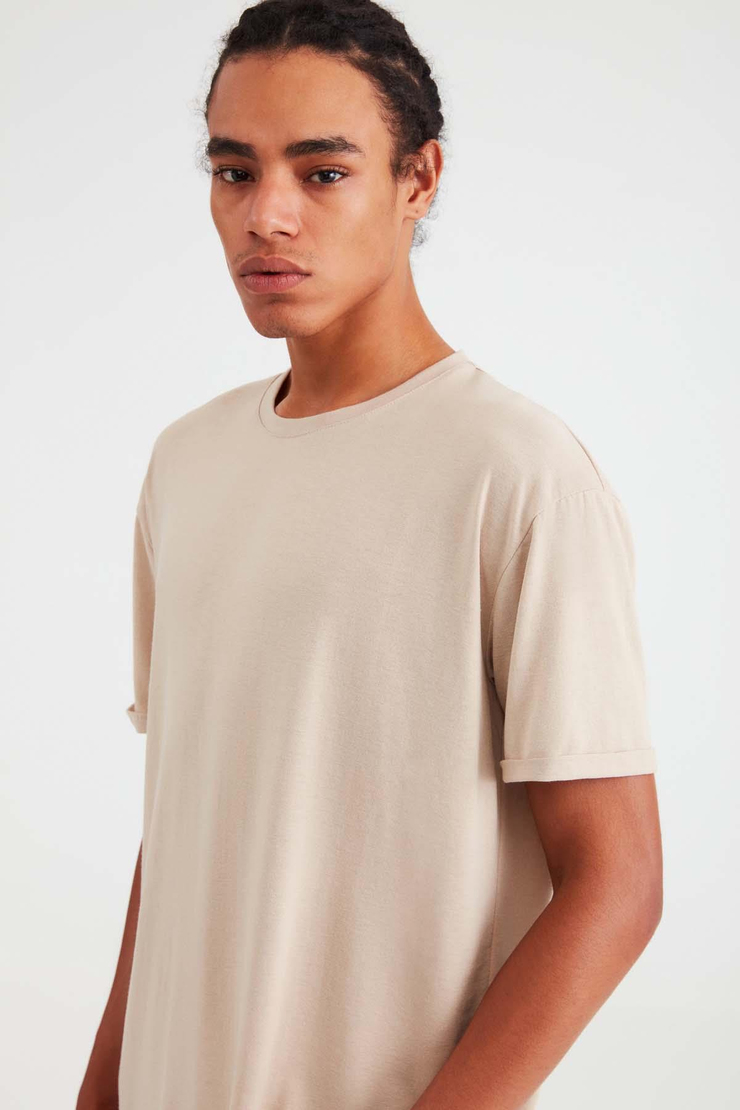 OSCAR Erkek %100 Organik Pamuklu Comfort Fit Uzun Dökümlü Kumaş Bej T-Shirt