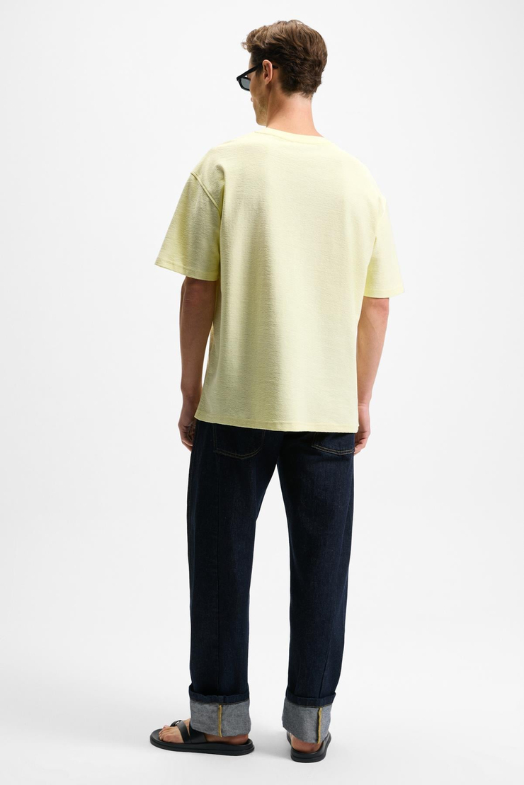 OURFLOW Erkek Nakış Detaylı %100 Organik Pamuk Bisiklet Yaka Kısa Kollu Oversize Sarı T-Shirt