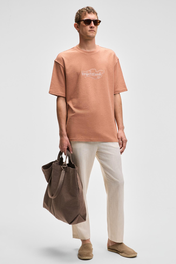 OURFLOW Erkek Nakış Detaylı %100 Organik Pamuk Bisiklet Yaka Kısa Kollu Oversize Kiremit Rengi T-Shirt