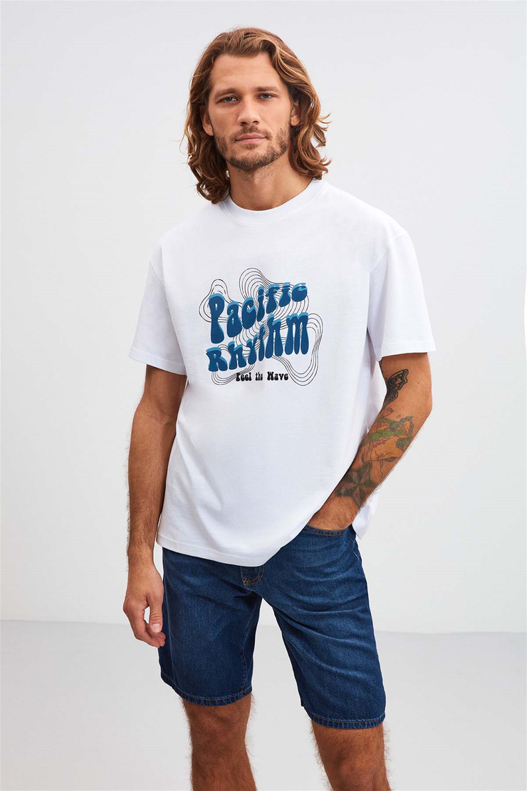 PACİFİC Örme Oversize Beyaz  T-Shirt