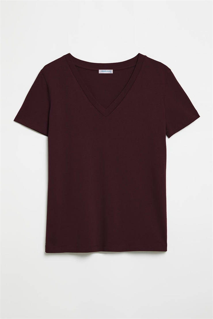 PAISLEY Kadın Bordo Düz Renk V Yaka Comfort Fit T-Shirt