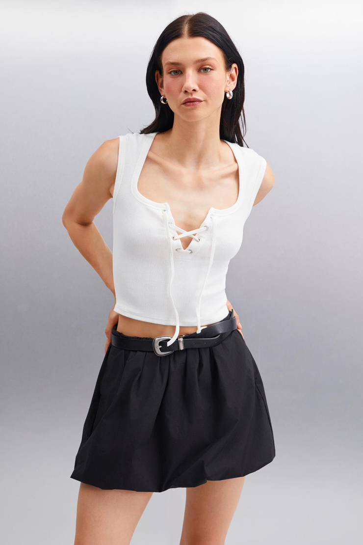 PAOLINA Crop Crop Ekru Tekli Bluz