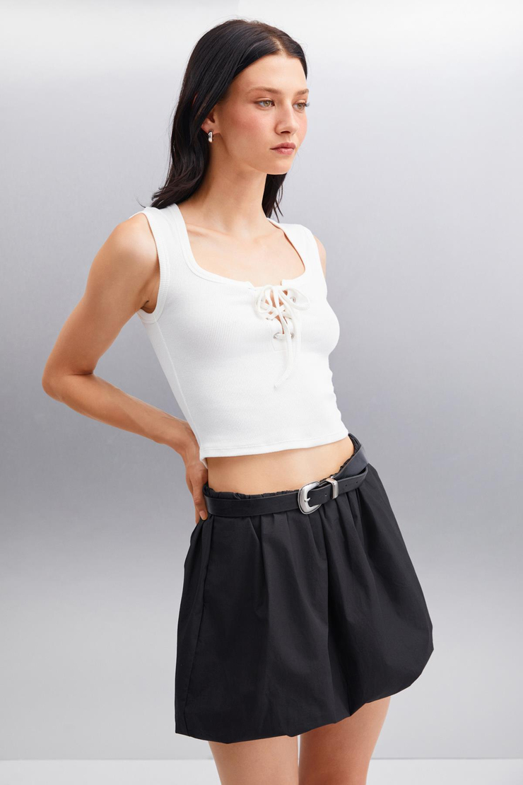 PAOLINA Crop Crop Ekru Tekli Bluz