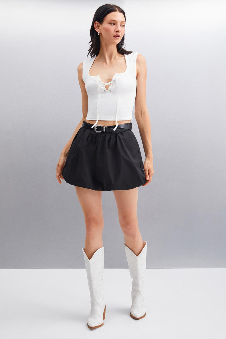 PAOLINA Crop Crop Ekru Tekli Bluz