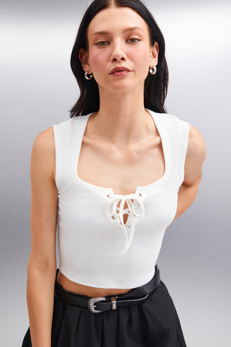 PAOLINA Crop Crop Ekru Tekli Bluz