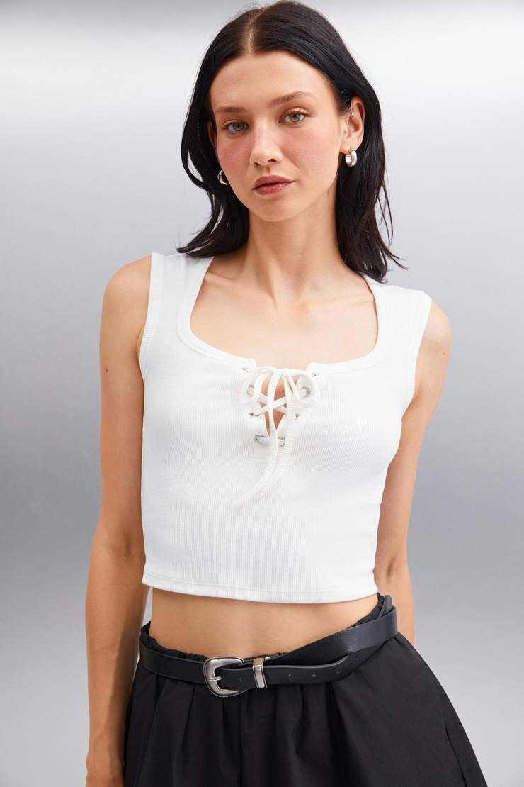PAOLINA Crop Crop Ekru Tekli Bluz