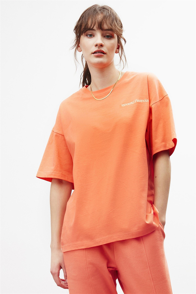 PARANOIA Kadın Nar Çiçeği Nakışlı-İşlemeli Yuvarlak Yaka Oversize T-Shirt