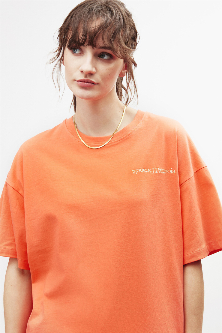 PARANOIA Kadın Nar Çiçeği Nakışlı-İşlemeli Yuvarlak Yaka Oversize T-Shirt
