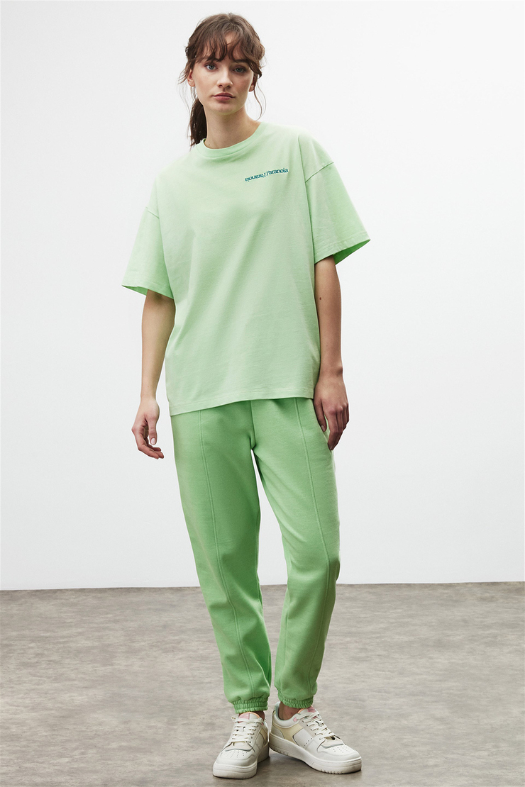 PARANOIA Kadın Yeşil Nakışlı-İşlemeli Yuvarlak Yaka Oversize T-Shirt