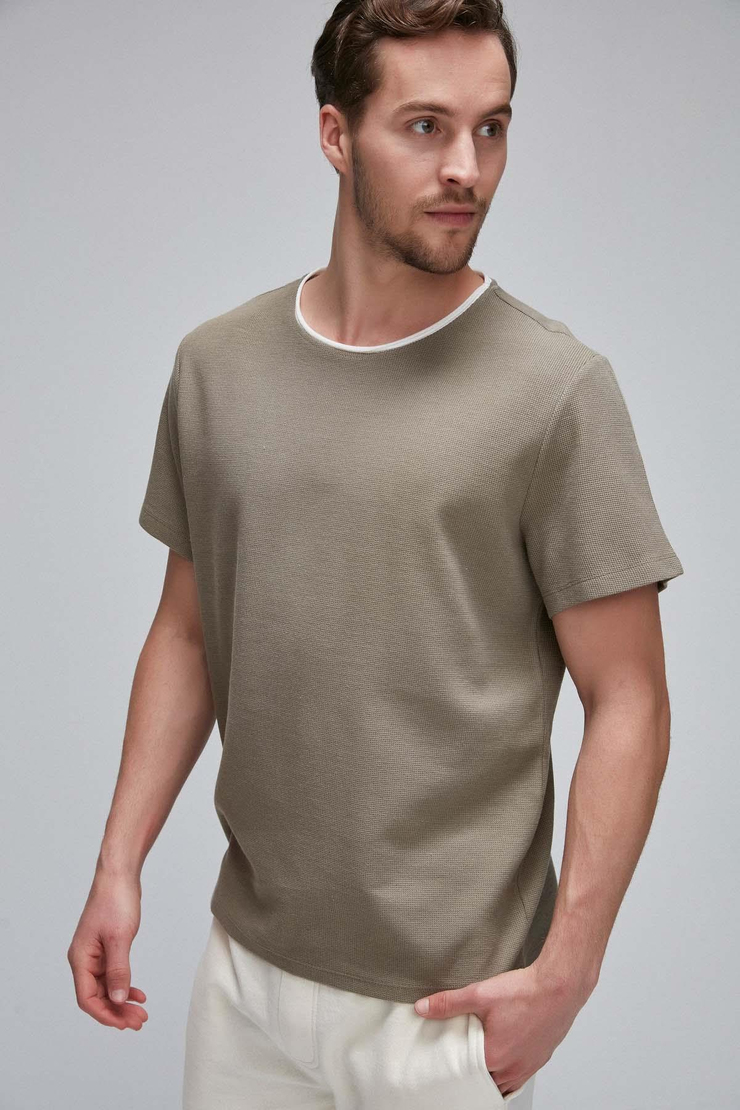 PARKER Yuvarlak Yakalı Çift Yaka Görünümlü Kısa Kollu Waffle Kumaşlı Haki T-Shirt