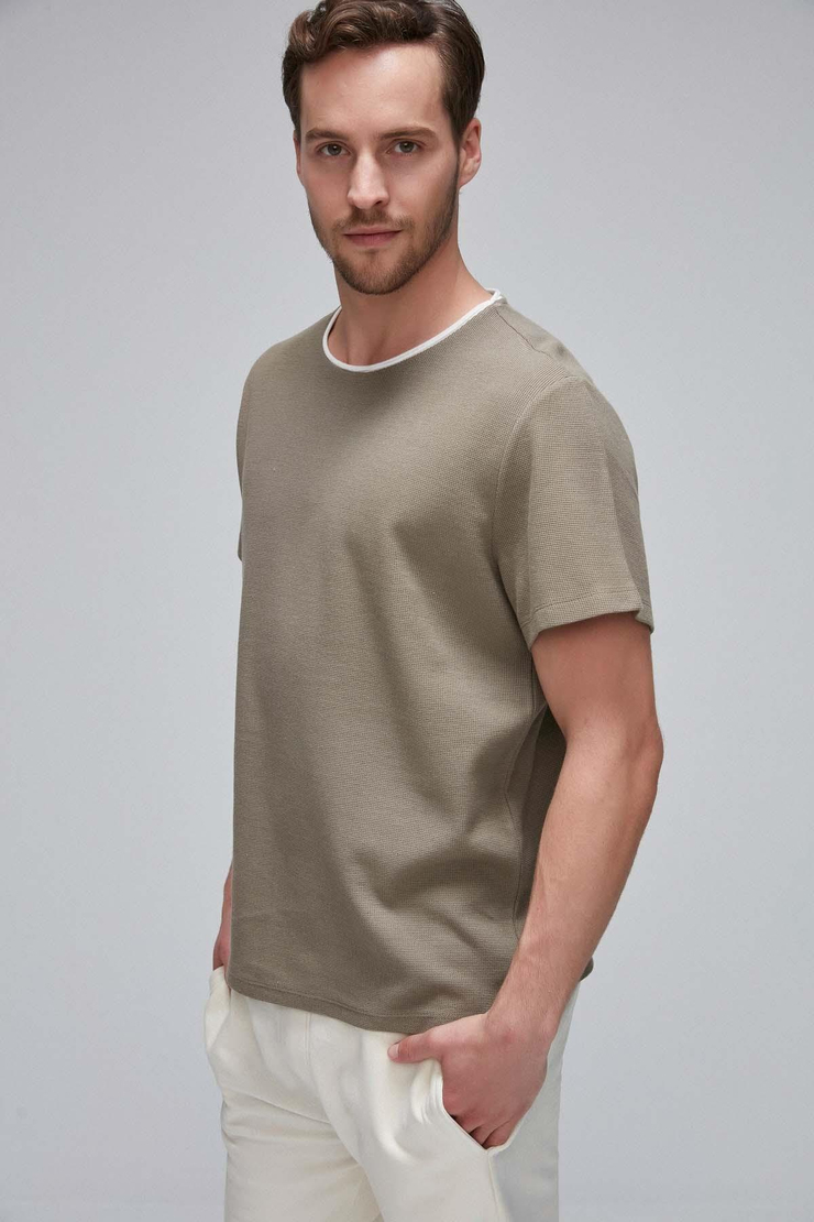 PARKER Yuvarlak Yakalı Çift Yaka Görünümlü Kısa Kollu Waffle Kumaşlı Haki T-Shirt