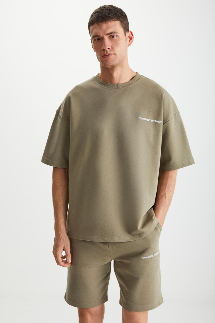 PASTO Erkek Comfort Fit Polarsız Nakışlı kısa kollu Haki T-Shirt