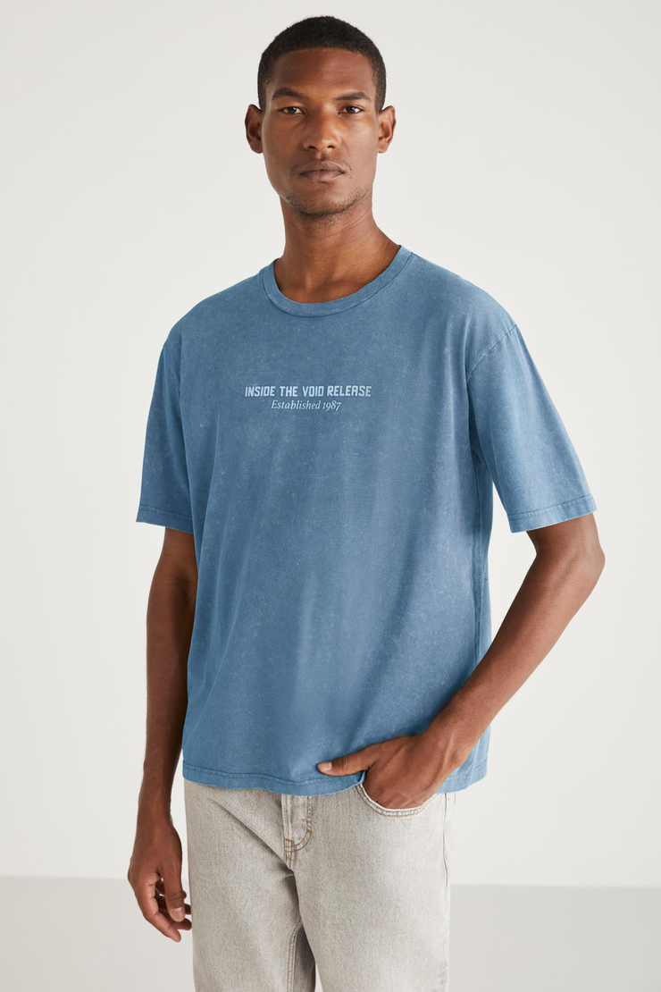 PECKY Basic Relaxed Mavi Tekli T-Shirt