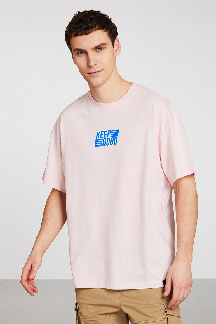 PERFORMANCE Erkek Pembe Baskılı Yuvarlak Yaka Oversize T-Shirt