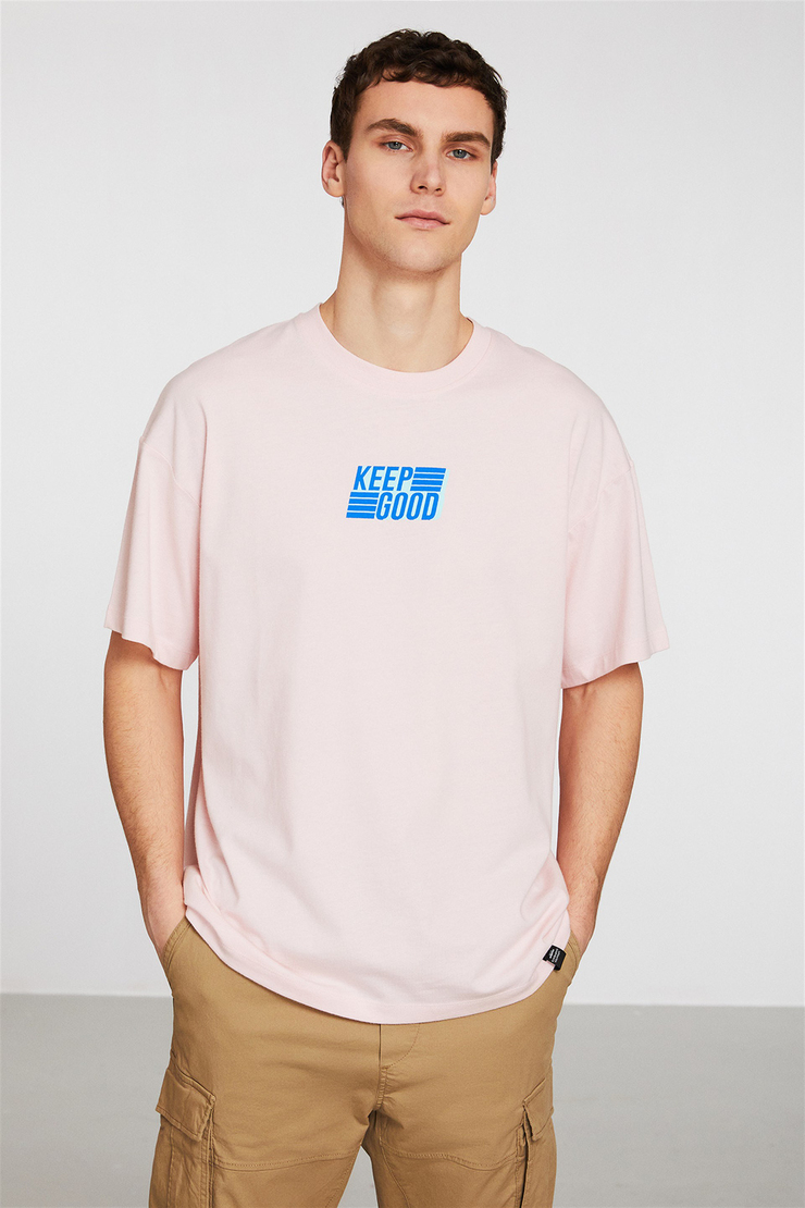 PERFORMANCE Erkek Pembe Baskılı Yuvarlak Yaka Oversize T-Shirt