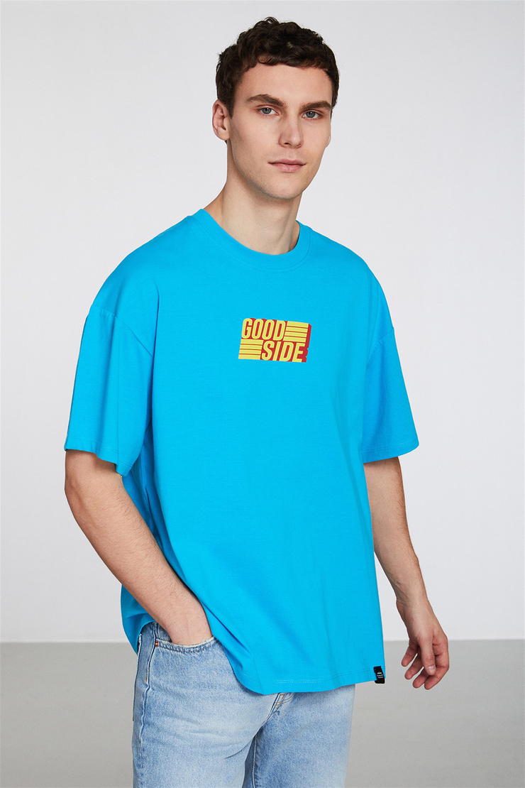 PERFORMANCE Erkek Turkuaz Baskılı Yuvarlak Yaka Oversize T-Shirt