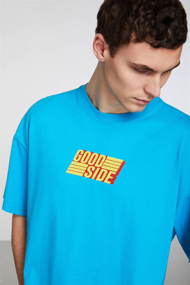 PERFORMANCE Erkek Turkuaz Baskılı Yuvarlak Yaka Oversize T-Shirt