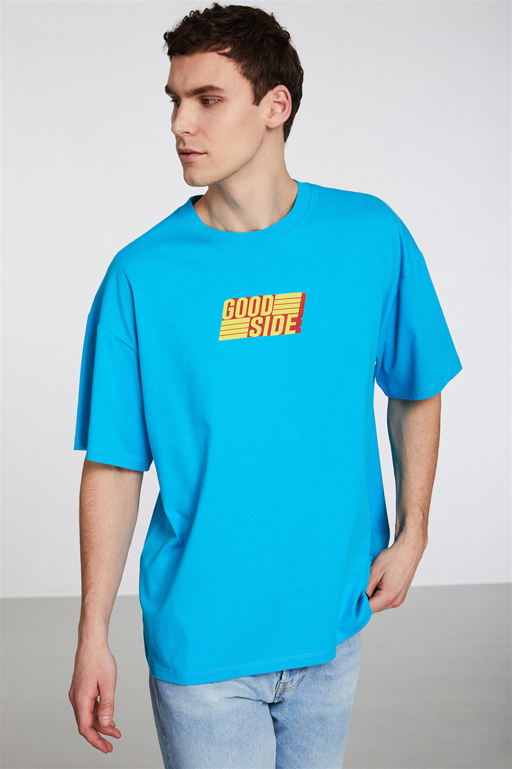 PERFORMANCE Erkek Turkuaz Baskılı Yuvarlak Yaka Oversize T-Shirt