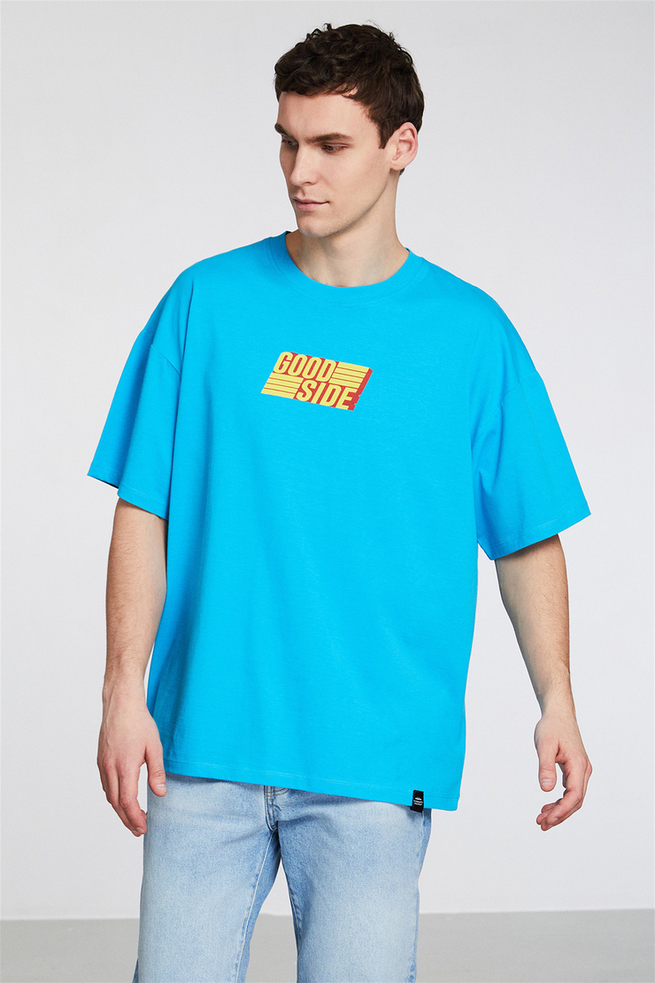 PERFORMANCE Erkek Turkuaz Baskılı Yuvarlak Yaka Oversize T-Shirt