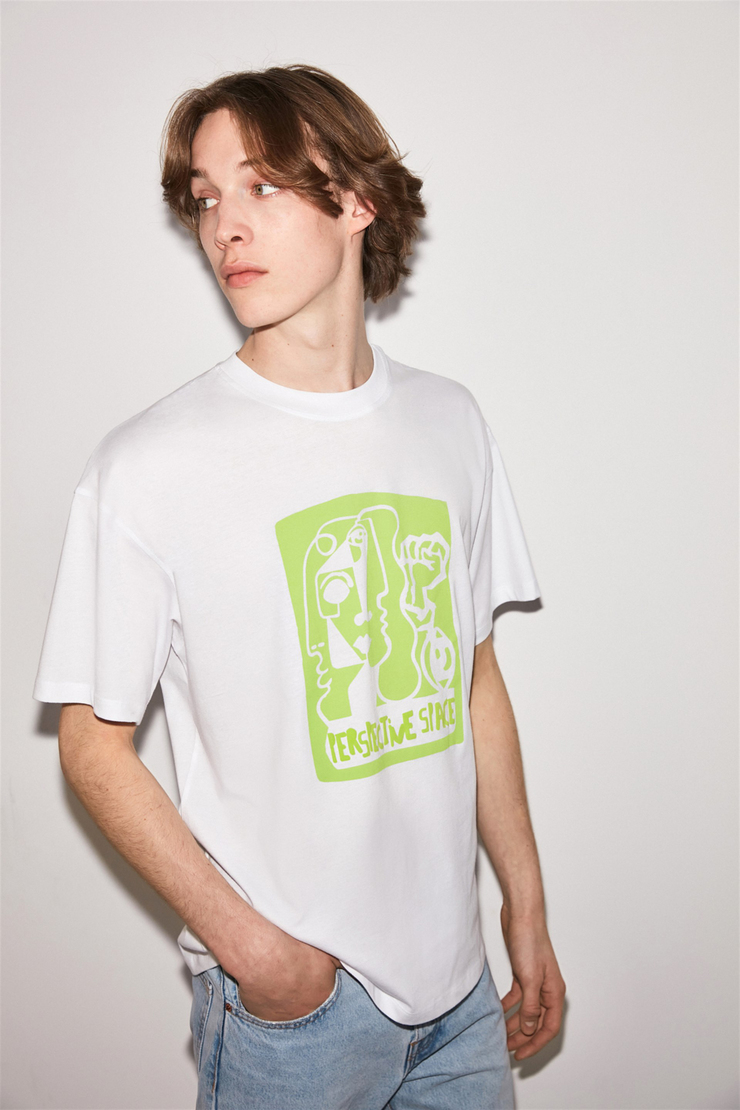 PERSPECTIVE Erkek Beyaz Puff Baskılı Yuvarlak Yaka Oversize T-Shirt