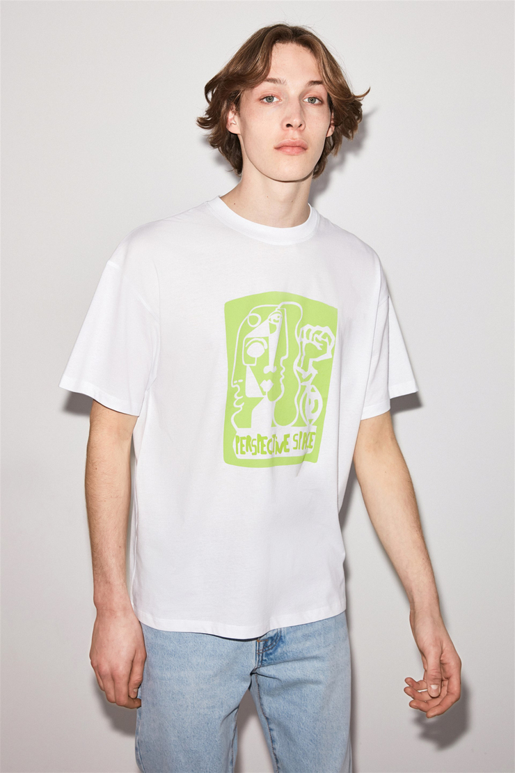 PERSPECTIVE Erkek Beyaz Puff Baskılı Yuvarlak Yaka Oversize T-Shirt