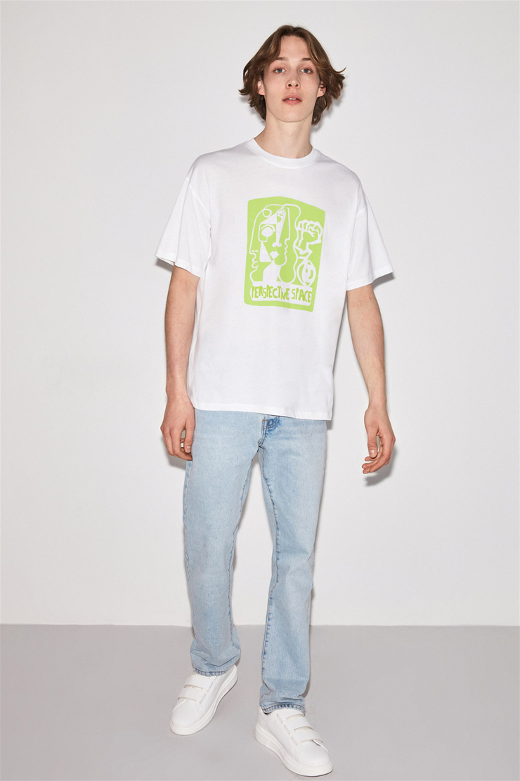 PERSPECTIVE Erkek Beyaz Puff Baskılı Yuvarlak Yaka Oversize T-Shirt