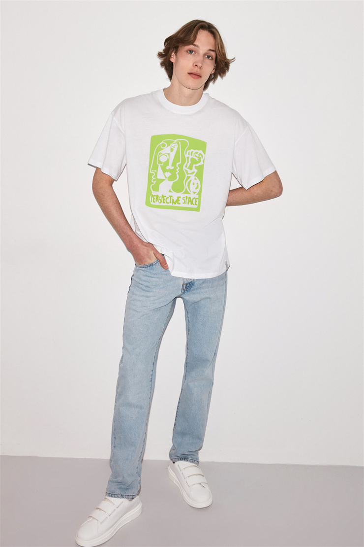 PERSPECTIVE Erkek Beyaz Puff Baskılı Yuvarlak Yaka Oversize T-Shirt