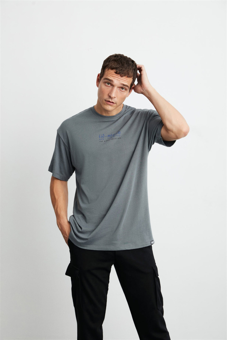 PETER Erkek Gri Baskılı Yuvarlak Yaka Oversize T-Shirt