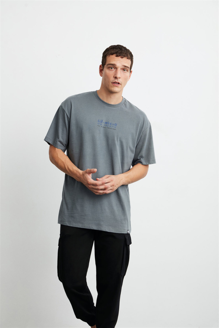 PETER Erkek Gri Baskılı Yuvarlak Yaka Oversize T-Shirt