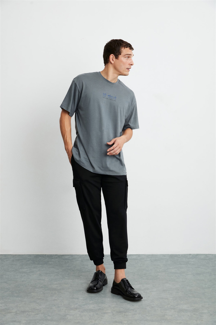 PETER Erkek Gri Baskılı Yuvarlak Yaka Oversize T-Shirt