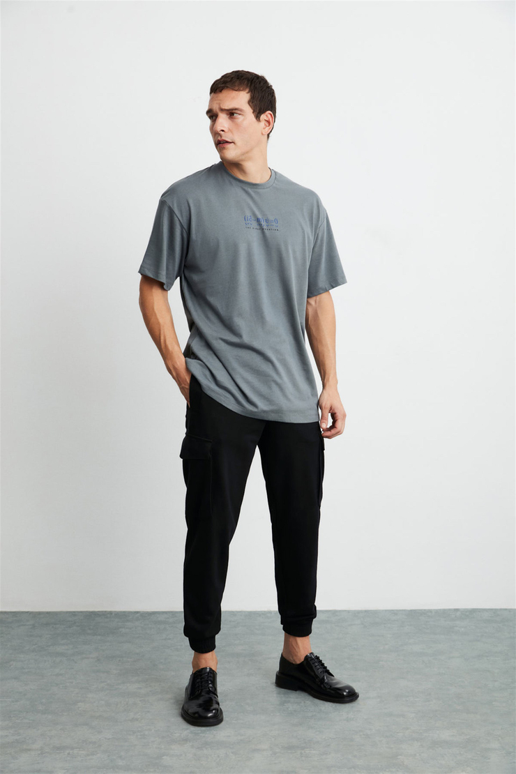 PETER Erkek Gri Baskılı Yuvarlak Yaka Oversize T-Shirt
