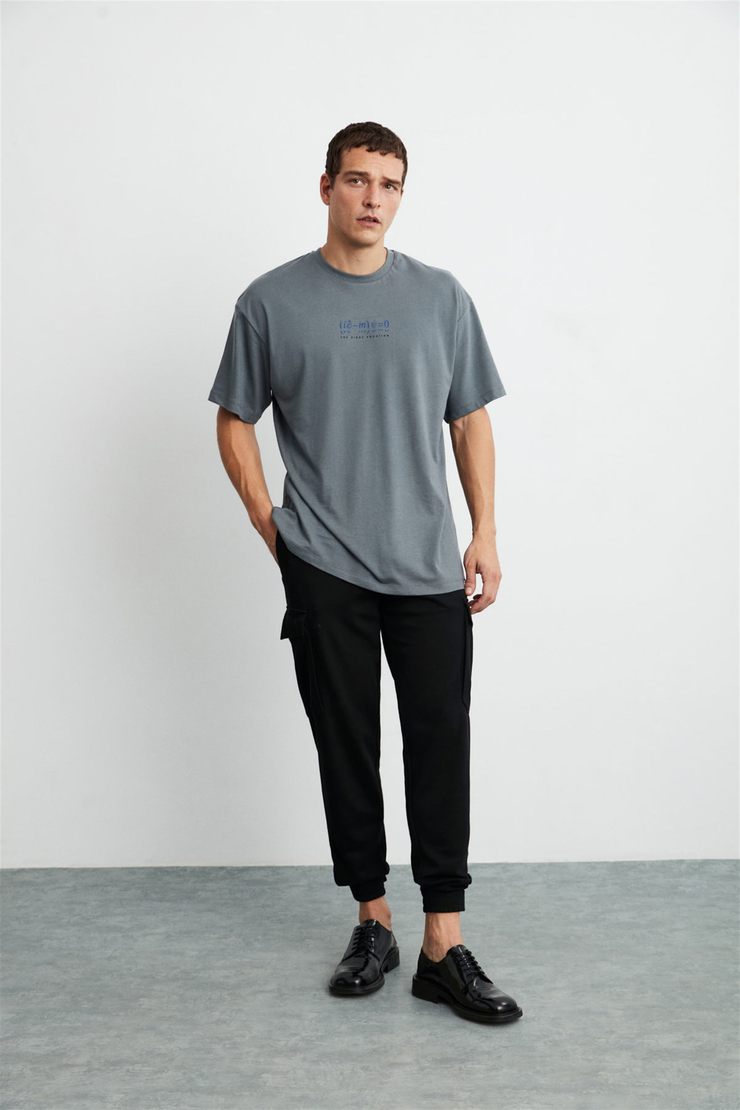 PETER Erkek Gri Baskılı Yuvarlak Yaka Oversize T-Shirt