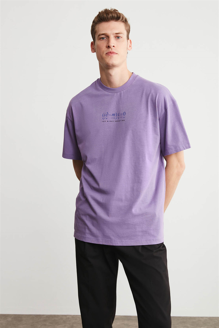 PETER Erkek Mor Baskılı Yuvarlak Yaka Oversize T-Shirt