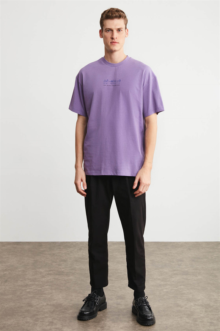 PETER Erkek Mor Baskılı Yuvarlak Yaka Oversize T-Shirt